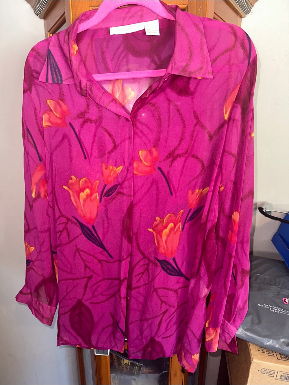 Fuchsia Floral Button-Front Blouse 100% Silk